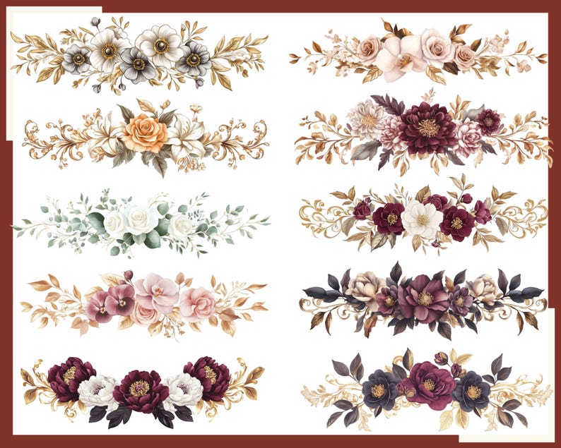 Floral Header Clipart: Watercolor Flower Borders, PNG (300 DPI) Digital ...