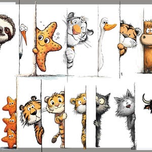 May include: A cartoon illustration of various animals, including a sloth, stork, starfish, tiger, goose, tiger cub, and a Highland cow, peeking from behind vertical lines. The artwork is in a colourful cartoon style, suitable for children's rooms or nurseries.