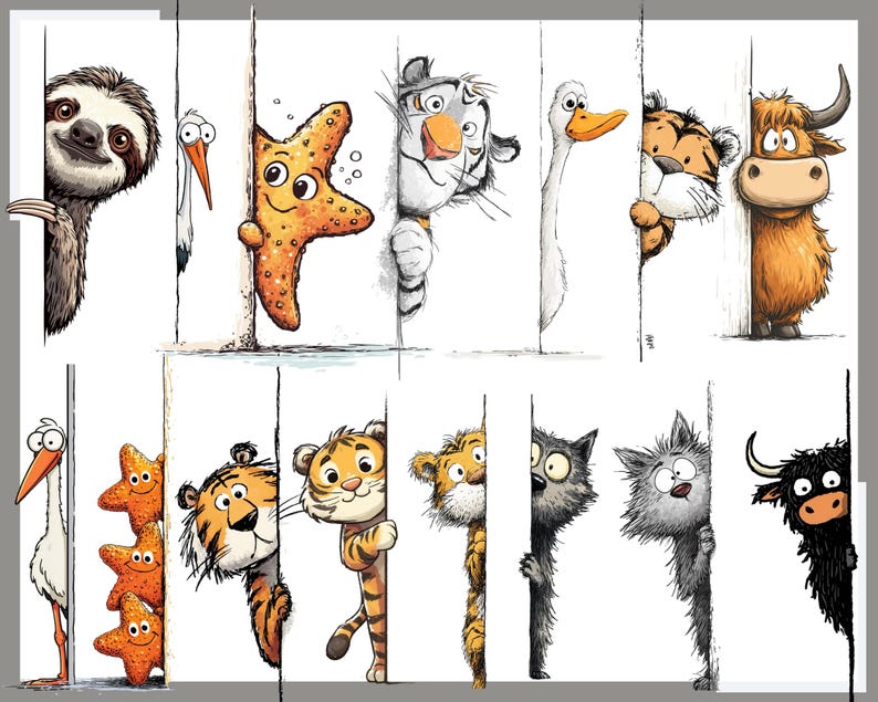 May include: A cartoon illustration of various animals, including a sloth, stork, starfish, tiger, goose, tiger cub, and a Highland cow, peeking from behind vertical lines. The artwork is in a colourful cartoon style, suitable for children's rooms or nurseries.