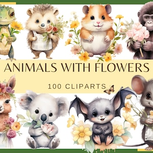 ANIMALI con FIORI - 100 clip art (300 dpi, simpatici animali, cuccioli di animali, topo, criceto, gorilla, procione, floreale. png, pacchetto, digitale)