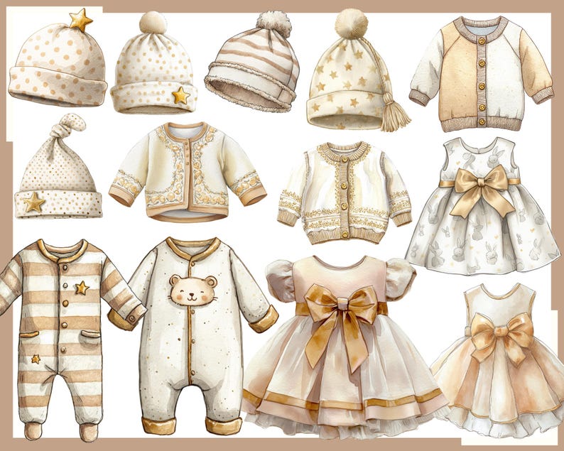 Op de afbeelding: Waterverfillustraties van babykleding en accessoires in zachte beige- en goudtinten. De afbeelding toont hoeden, vesten, jurken en rompertjes. Sommige items hebben ster- en berenmotieven, andere delicate patronen en strikken.