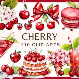 CHERRY - 110 klipartów (300 dpi, owoce, ciasto wiśniowe, babeczka, sernik, naleśnik, makaronik, koktajl, lody, croissant, ciasto, paczuszek)