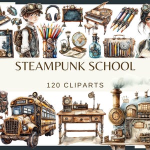 STEAMPUNK SCHULE - 120 Aquarell Clip arts (Png, 300 dpi, Notebook, pen, pensil, rund, Schüler, Bus, Buch Schulbedarf Lehrgrafik)