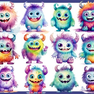 May include: Twelve colorful cartoon monsters with different expressions and fur colors. The monsters are all smiling and have large eyes. They are drawn in a watercolor style.