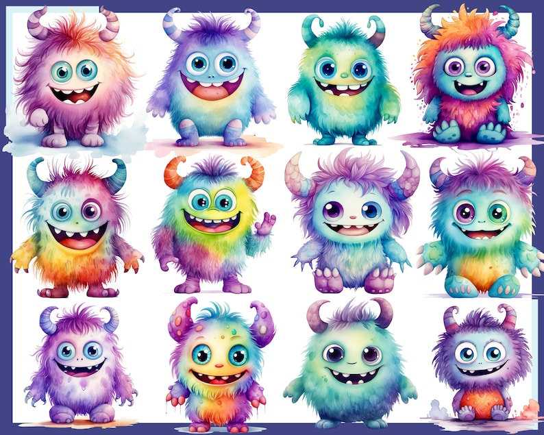 May include: Twelve colorful cartoon monsters with different expressions and fur colors. The monsters are all smiling and have large eyes. They are drawn in a watercolor style.