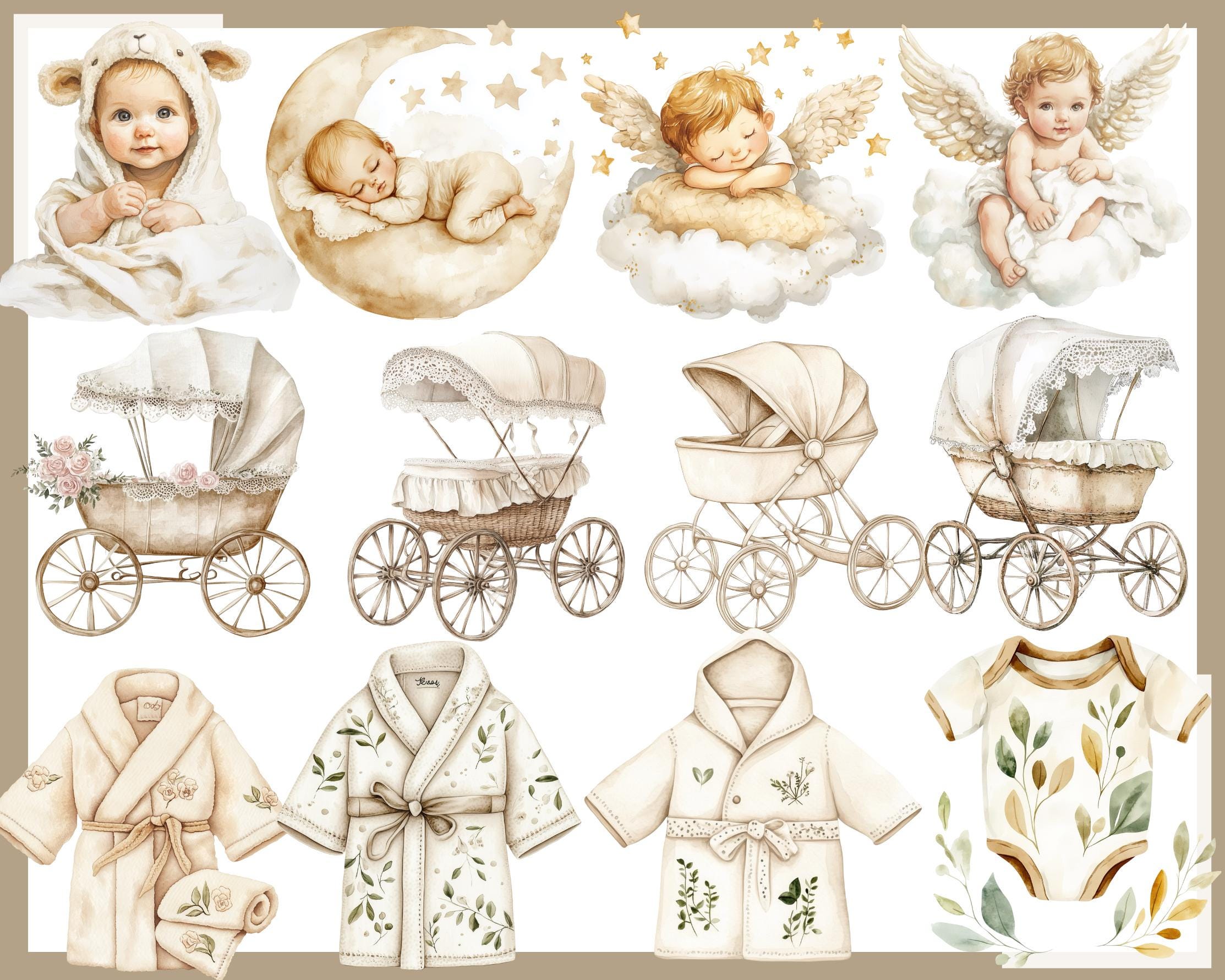 Neutral Baby Shower Watercolor Clipart: 330 PNG Graphics (digital ...