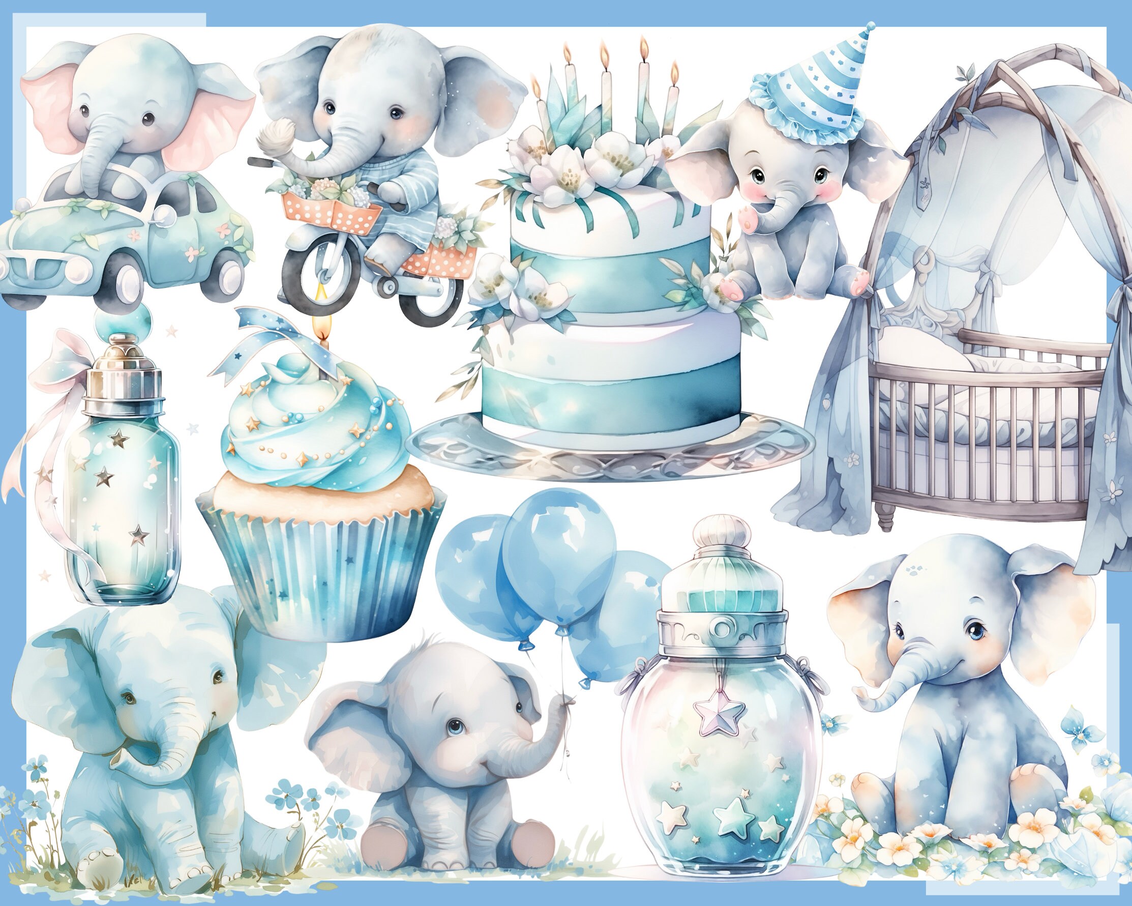 Blue Baby Elephant Watercolor Clip Art: Boy Shower Decor (PNG) - Etsy