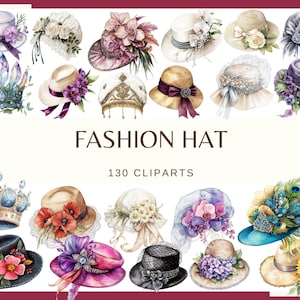 Puede incluir: Ilustración en acuarela de varios sombreros de moda, incluyendo sombreros de sol y cloches, adornados con flores y cintas. La imagen presenta el texto "FASHION HAT" y "130 CLIPARTS". Los sombreros son de varios colores y estilos.