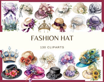 Könnte beinhalten: Eine Aquarellillustration mit verschiedenen Modehüten, darunter Sonnenhüte und Glockenhüte, die mit Blumen und Bändern verziert sind. Der Text "FASHION HAT" und "130 CLIPARTS" ist ebenfalls enthalten. Die Hüte sind in verschiedenen Farben und Stilen gehalten.