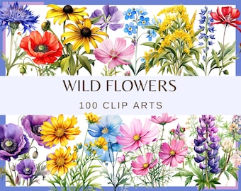 May include: A collection of 100 watercolor illustrations of wild flowers, including blue cornflowers, yellow sunflowers, pink cosmos, red poppies, and purple lupines.  The image includes the text "WILD FLOWERS 100 CLIP ARTS".