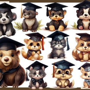May include: A collection of cartoon animals, including a bear, fox, and raccoon, each wearing a graduation cap. The animals are depicted in a cute, whimsical style with detailed fur and expressive eyes. The caps are black with gold tassels. The background is white.