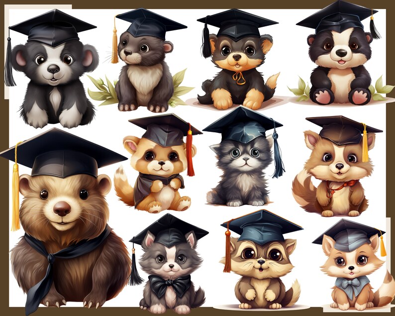 May include: A collection of cartoon animals, including a bear, fox, and raccoon, each wearing a graduation cap. The animals are depicted in a cute, whimsical style with detailed fur and expressive eyes. The caps are black with gold tassels. The background is white.