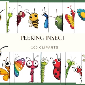 May include: A collection of colorful cartoon insects peeking from behind vertical lines. The image includes a variety of insects such as bees, butterflies, and ladybugs. Text reads "PEEKING INSECT" and "100 CLIPARTS".