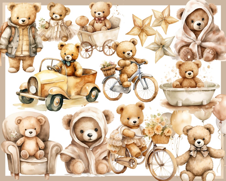 BEIGE TEDDY BEAR 100 clip arts, Baby shower for newborns, Nursery Decor, Baby boy, Baby girl, Beige Teddy Bear image 8