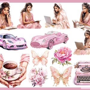 以下が含まれることがあります： ピンクの車、蝶、花、タイプライター、コーヒーカップ、ピンクのドレスを着た女性をフィーチャーしたコラージュ。画像はすべて水彩画風です。
