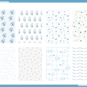 May include: A set of 8 digital paper patterns featuring various designs in blue and white. The patterns include clouds, stars, hearts, dreamcatchers, and bunting.