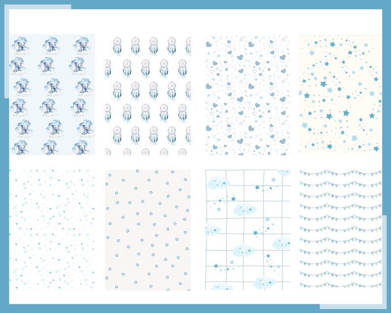 May include: A set of 8 digital paper patterns featuring various designs in blue and white. The patterns include clouds, stars, hearts, dreamcatchers, and bunting.