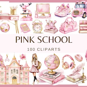 PINK SCHOOL - 100 aquarell Clip arts (Png, 300 dpi, Notebook, pen, pensil, süß Mode Schule, Schulbedarf Lehrgrafik)