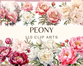 PEONY - 110 clip arts (300 dpi, commercial use, bundle, digital transparent background, floral, wedding elements, junk journal, flowers)