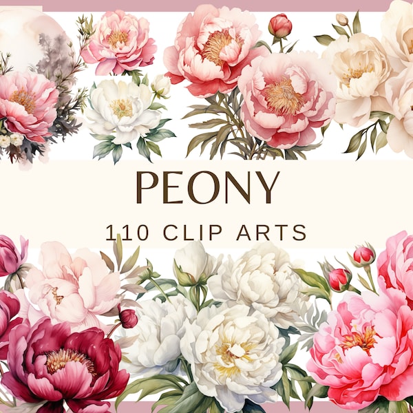 PEONY - 110 clip arts (300 dpi, commercial use, bundle, digital transparent background, floral, wedding elements, junk journal, flowers)