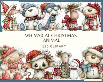 Whimsical Christmas Animals: 110 PNG, 300 DPI Winter Festive Holiday Cliparts (Commercial Use, Digital Download)