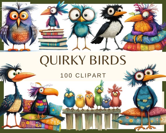 Quirky Birds Clip Art: 100 Funny Bird PNG Images (Digital Download)