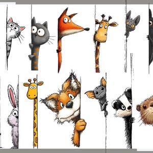 May include: A charming illustration of various cartoon animals, including cats, a fox, a giraffe, bats, a rabbit, a badger, and an otter, peeking from behind white lines. Each animal has a distinct expression and colour palette, creating a playful scene.