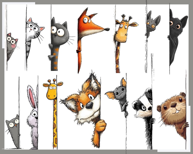 May include: A charming illustration of various cartoon animals, including cats, a fox, a giraffe, bats, a rabbit, a badger, and an otter, peeking from behind white lines. Each animal has a distinct expression and colour palette, creating a playful scene.