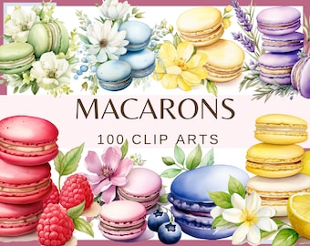 MACARONS - 100 clip arts (300 dpi, Strawberry, Raspberry, Blueberry, Blackberry, Lemon, Chocolate, Coffee, Floral, Macarons png)