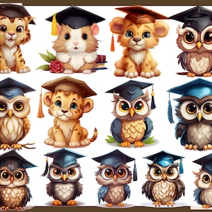 May include: A collection of cartoon animals wearing graduation caps. The image features a tiger, hamster, lion cub, and several owls. The animals are in various poses, with detailed fur and feather textures, and are set against a white background.