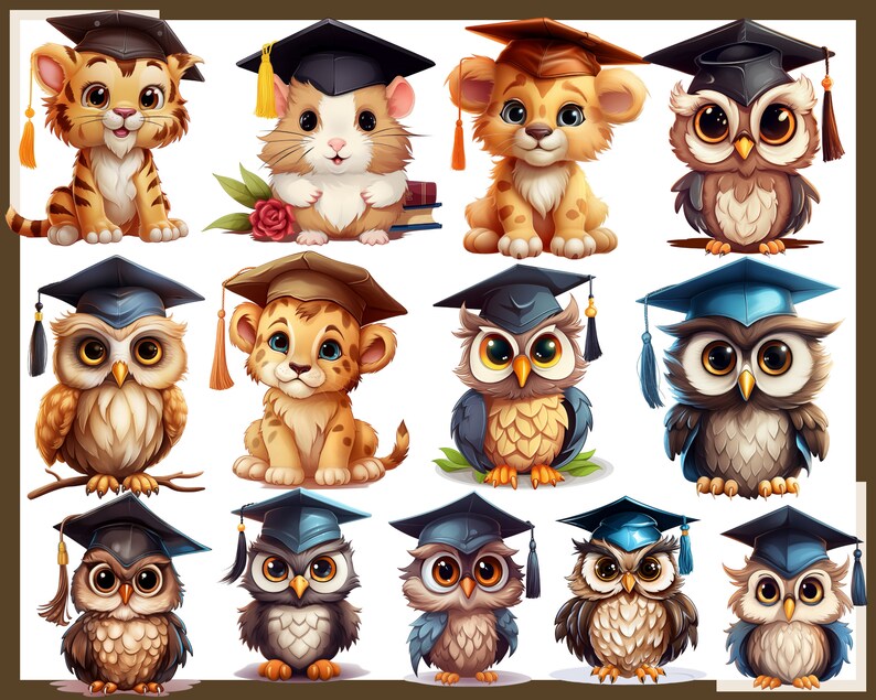 May include: A collection of cartoon animals wearing graduation caps. The image features a tiger, hamster, lion cub, and several owls. The animals are in various poses, with detailed fur and feather textures, and are set against a white background.