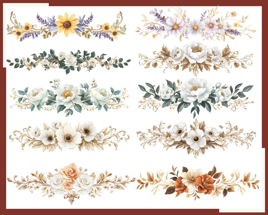 Floral Header Clipart: Watercolor Flower Borders, PNG (300 DPI) Digital ...