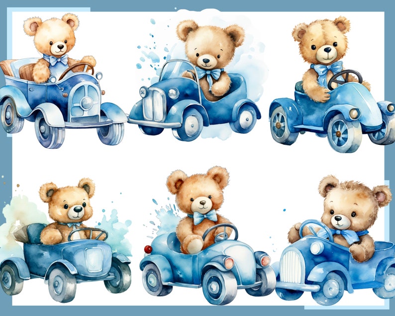 BLUE TEDDY BEAR. Baby shower for a boy, Nursery Decor 100 watercolor clip arts Transparent background, 300 dpi, commercial use png 画像 4