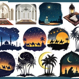 Pu&ograve; includere: Una collezione di illustrazioni digitali con temi islamici. Le scene includono moschee, cieli stellati notturni, sagome di cammelli, palme e figure in preghiera. La tavolozza dei colori comprende blu, arancione e giallo.