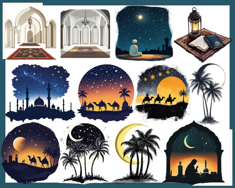 Pu&ograve; includere: Una collezione di illustrazioni digitali con temi islamici. Le scene includono moschee, cieli stellati notturni, sagome di cammelli, palme e figure in preghiera. La tavolozza dei colori comprende blu, arancione e giallo.