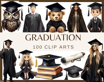 May include: A collection of 100 graduation clip art images featuring a variety of characters, including a teddy bear, an owl, and people wearing graduation caps and gowns. The text "GRADUATION 100 CLIP ARTS" is displayed in the centre of the image.