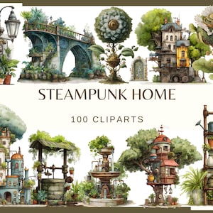 Puede incluir: Ilustraciones en acuarela de casas, puentes y elementos arquitectónicos de estilo steampunk. La imagen presenta una variedad de edificios con detalles intrincados, exuberante vegetación y acentos mecánicos. El texto dice "STEAMPUNK HOME" y "100 CLIPARTS".
