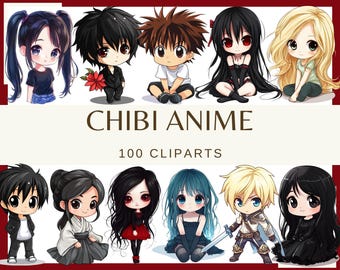 May include: A collection of 100 chibi anime clipart images featuring characters with different hairstyles, clothing, and expressions. The characters are all in a cute, cartoon style.