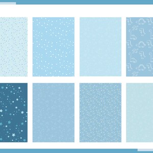 May include: A set of eight digital paper patterns in shades of blue. The patterns include stars, dots, and dinosaurs.
