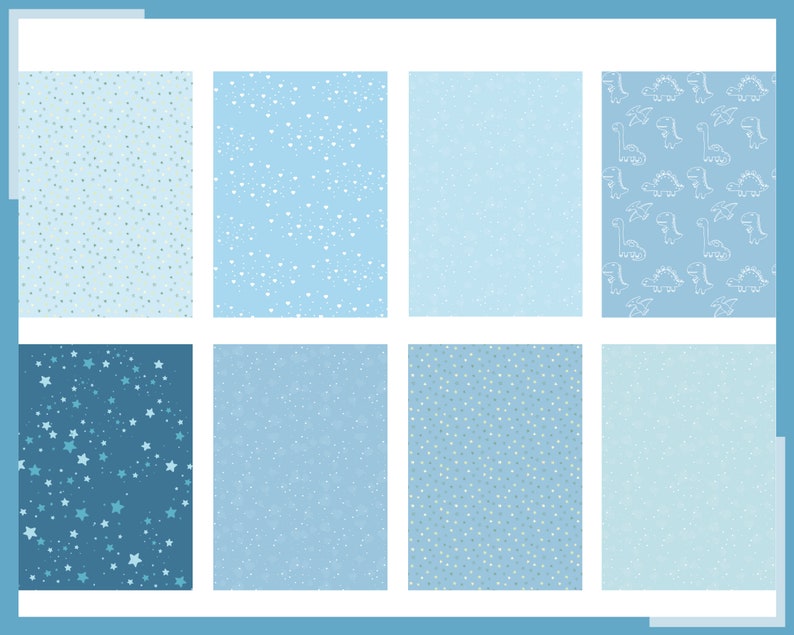 May include: A set of eight digital paper patterns in shades of blue. The patterns include stars, dots, and dinosaurs.
