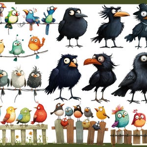 May include: A colorful illustration featuring a variety of birds, including crows, robins, and bluebirds. The birds are depicted in various poses, some perched on branches, others flying, and some standing on a fence. The illustration is done in a whimsical style, with bright colors and exaggerated features.
