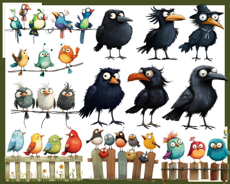 May include: A colorful illustration featuring a variety of birds, including crows, robins, and bluebirds. The birds are depicted in various poses, some perched on branches, others flying, and some standing on a fence. The illustration is done in a whimsical style, with bright colors and exaggerated features.