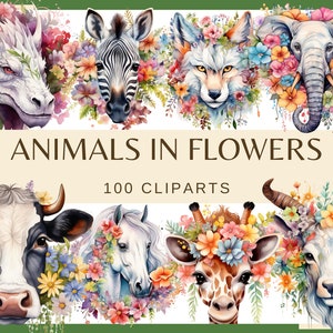 ANIMALI IN FIORI - 100 clip art (300 dpi, cavallo, mucca, drago, husky, pecora, lupo, volpe, giraffa, zebra, elefante, puma, antilope, png)