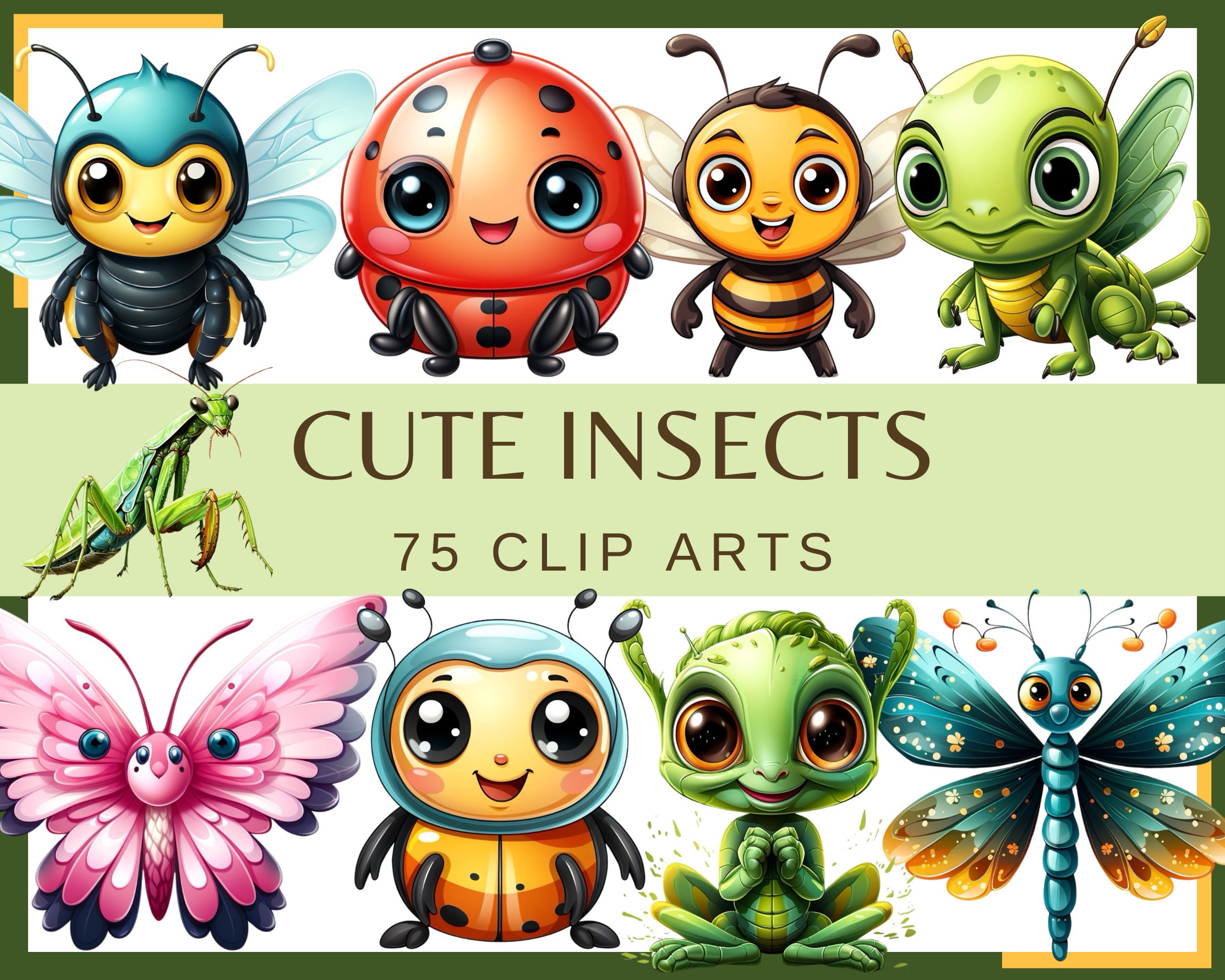 Chibi Insects CUTE KAWAII INSECTS - 75 Clip Arts (300 Dpi, Beehive, Ladybug, Sweet ...