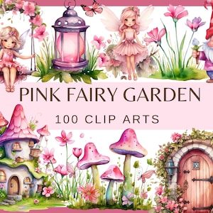 GIARDINO DELLE FATE ROSA - 100 clip art ad acquerello (Sfondo trasparente, 300 dpi, Nursery Decor png elfo gnomo fantasy casa porta lanterna stella))