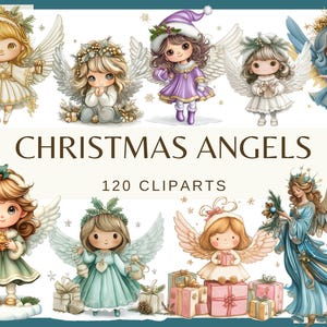 CHRISTMAS ANGELS - 120 clip arts (300 dpi, Christmas elf, house, angels with christmas presents, decor, fairy, digital, png, post card)