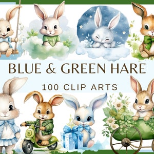 LIEBRE AZUL Y VERDE - 100 imágenes prediseñadas de acuarela (fondo transparente, 300 ppp, uso comercial png Baby shower para un niño niña, decoración de la guardería)