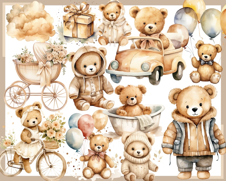 BEIGE TEDDY BEAR 100 clip arts, Baby shower for newborns, Nursery Decor, Baby boy, Baby girl, Beige Teddy Bear image 10