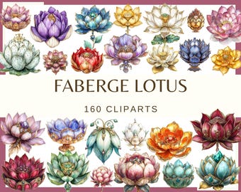 Könnte beinhalten: Aquarellillustrationen von Faberge-Lotusblumen in verschiedenen Farben, darunter Lila, Blau, Rot und Gold. Der Text "FABERGE LOTUS" und "160 CLIPARTS" wird unter den Blumen angezeigt.