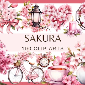 SAKURA - 100 clip art e 6 motivi senza soluzione di continuità (ciliegio in fiore, png, Giappone, 300 DPI, bundle, digitale, fiori e alberi primaverili, floreale)